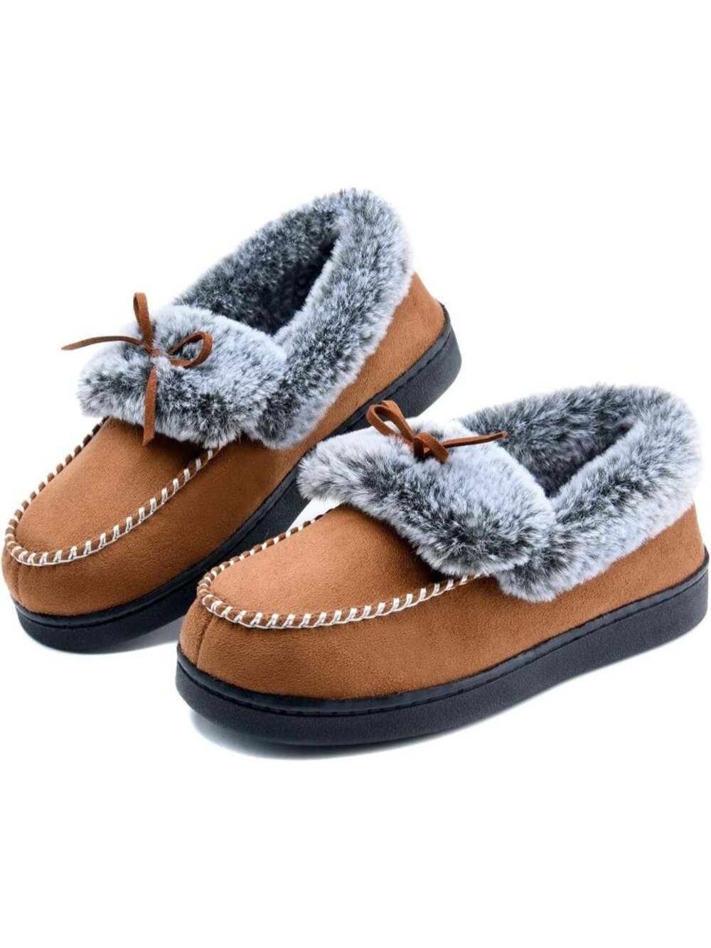 Women's Brown Fuzzy Warm Moccasin Memory Foam Soft Fluffy Closed Back Slippers